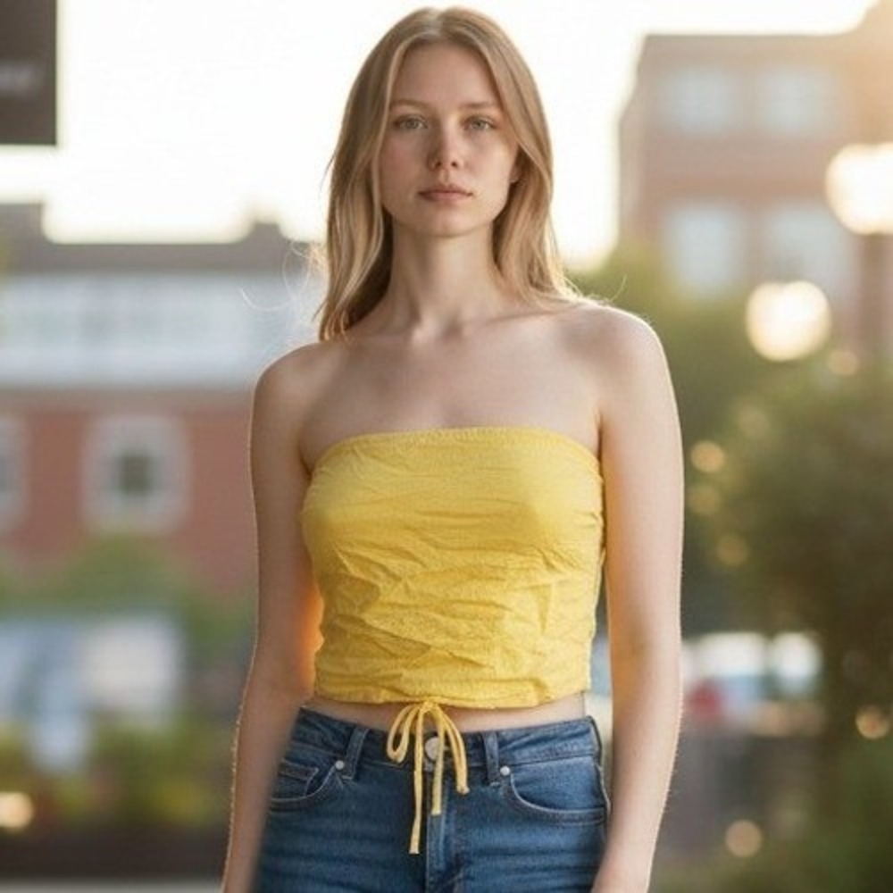 Yellow Crinkled Tube Top Strapless Tie Back Cropped Summer Festival Shirt